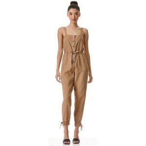 ALICE + OLIVIA Tiana Lyocell Linen And Cotton-Blend Jumpsuit Tan Button Front
